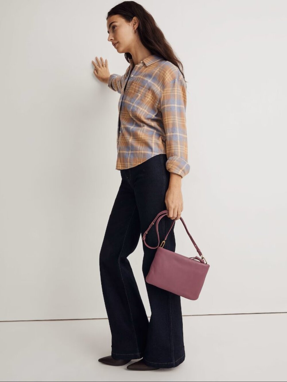 Madewell Oversized Boyfriend Plaid Flannel Button Down Shirt Top Tan Blue XS - Picture 4 of 6